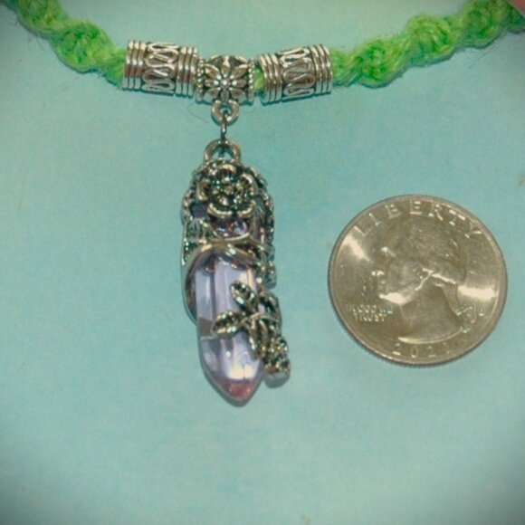 Flower Wrapped Pink Quartz Hexagon on a 19" Handmade Green Hemp Chain - Picture 2 of 6